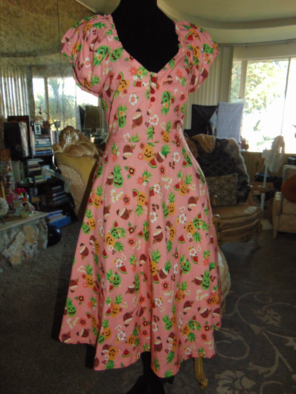 NEW Unique Vintage Pink June-o-ween Spooky TIKI Swing Dress Pin Up Halloween M - Picture 3 of 16